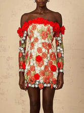 Red 3d floral off-shoulder mini dress with handmade appliqués